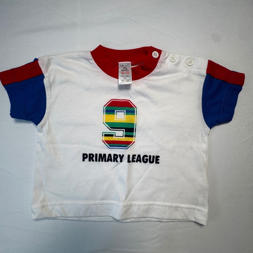 Vintage Berkertex Baby T Shirt Primary League Tee White Blue Red 3-6 Months